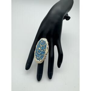 VTG Unsigned Large 2” Adjustable Turquoise Flower Gold Ring Hidden Mirror Japan